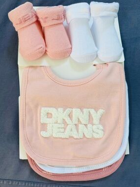 DKNY Baby Bib & Sock Set - Pink and White